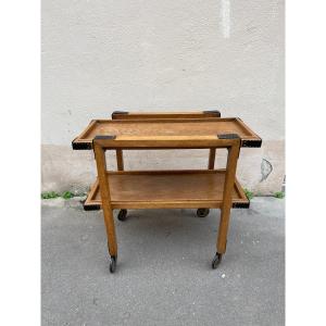 Oak And Leather Rolling Table By Jacques Adnet