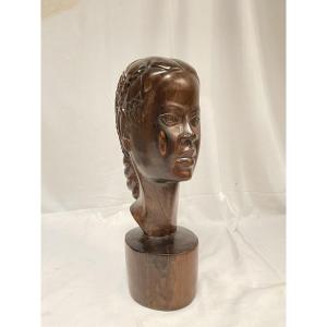 African Woman Head Sculpture Carved Wood