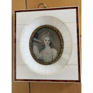 Miniature Portrait On Ivory Representing A Woman From The 18th Century