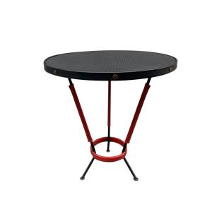 Small Side Table Covered In Red Leather By Jacques Adnet