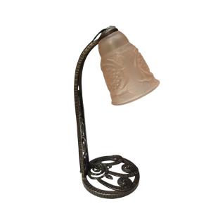 Wrought Iron And Molded Glass Lamp Attributed To Edgar Brandt