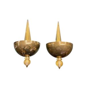 Pair Of Wall Sconces In Brass And Murano Glass By André Arbus For Veronese