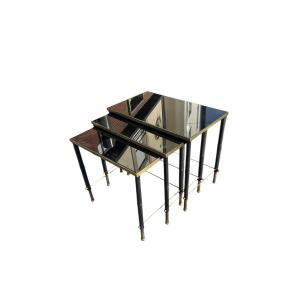 Set Of Nesting Tables Upholstered In Leather And Brass By Jacques Adnet