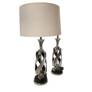Pair Of Chrome-plated Metal Lamps Circa 1970