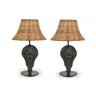 Pair Of 1980's Bronze Lamps Signed