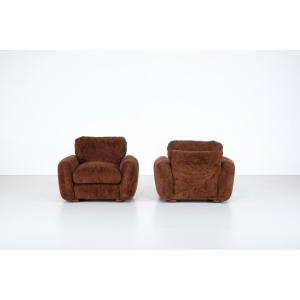 Pair Of Brown Fabric Armchairs, Italy - 1970s
