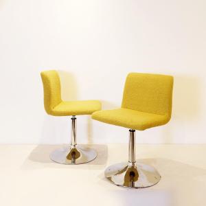 Pair Of Swivel Chairs - Reupholstered In Yellow Bouclette