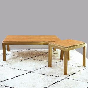Set Of Two Italian Coffee Tables In Brass And Red Marble, 1970s