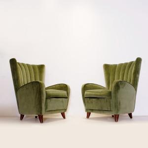 Pair Of High Armchairs In Green Velvet - 1960s