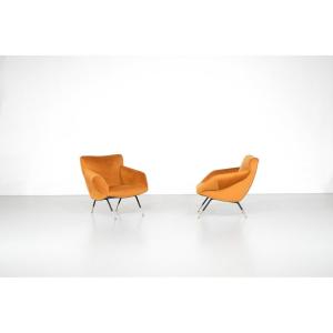Pair Of Mid-century Italian Armchairs In Orange Velvet, 1960s