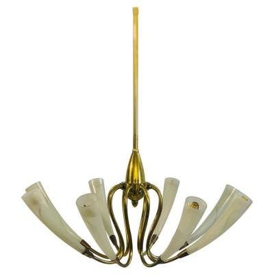Italian Chandelier With Eight Bulbs In Brass And Glass Circa 1950
