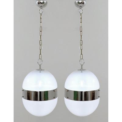 Italian Oval Pendant In Chrome And Glass - 1970s - One Pair Available