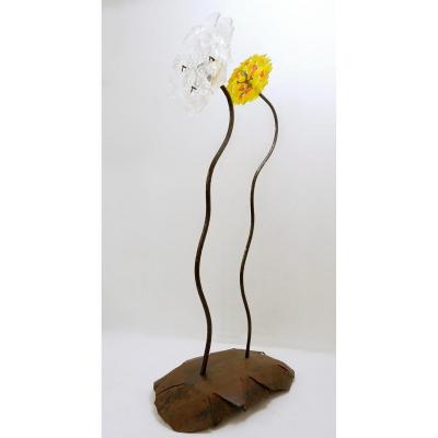 Large Flower Sculpture In Metal And Glass