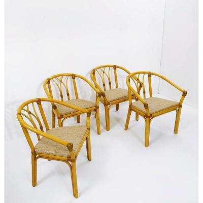 Ensemble De 4 Chaises Bambous Et Assises En Corde De Cuir