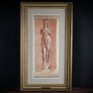 French School, Caryatid By Jean Goujon At The Louvre, Red Chalk On Paper, 18th Century