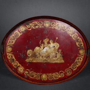 Large Painted Sheet Metal Serving Tray With Allegorical Decor, Early 19th Century