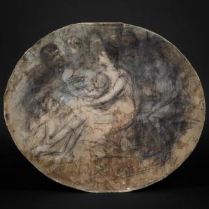 Drawing On Cardboard, Woman With Child In An Assembly, 18th Century?