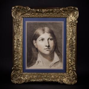 French School, Portrait Of A Young Man, Three Pencils On Paper Technique, 19th Century