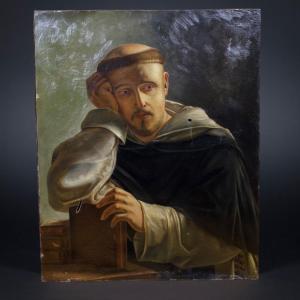 French School, Portrait Of A Pensive Monk, Oil On Canvas To Be Restored, 19th Century