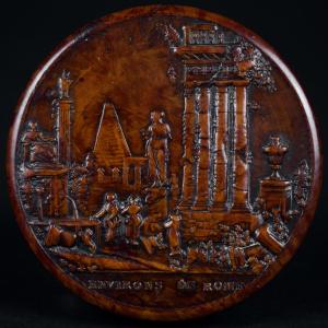Circular Box Or Snuffbox In Pressed Burl "environs De Rome", Early 19th Grand Tour