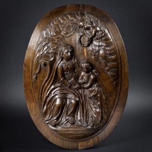 Oval Carved Wooden Medallion, Education Of The Virgin, Masterpiece By A Companion, 1782