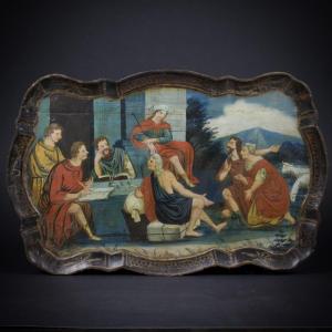 Scalloped Tray Decorated With Antique Figures, Tribute Scene, Italy, 19th Century