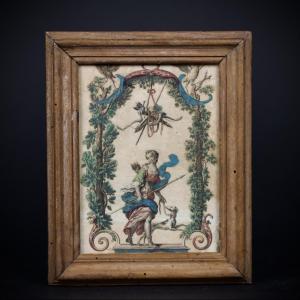French School, Diana The Huntress, Small Engraving Enhanced Under Antique Glass, 18th Century