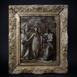 Susanna And The Elders, Ink Wash Drawing, Late 18th/early 19th Century, 18th-century Carved Wooden Frame