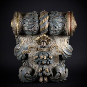 Polychrome Carved Wooden Console Table, Decorated With Scrolls, Acanthus Leaves, Ribbons And Tassels, 18th Century