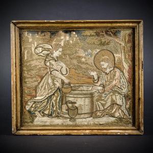Jesus And The Samaritan Woman, Embroidery In Satin Stitch And Bullion Thread, 18th Century 