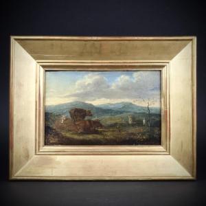 French School, Landscape With Cows, Oil On Panel, 19th Century