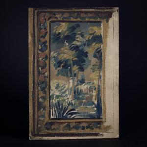 Oil On Canvas-covered Cardboard Depicting A Tapestry Of Greenery In The Aubusson Style, 20th Century 