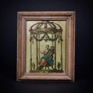 Allegory Of The Four Elements (?), Small Enhanced Engraving, Under Antique Glass, 18th Century