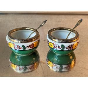 Pair Of Salt Cellars In Limoges Porcelain And Silver Art Deco Salt Cellar