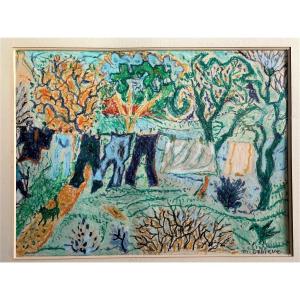 Michel Debieve: Laundry On A Drying Rack In An Orchard