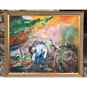 Huile sur toile : personnage dans un tourbillon de couleurs par Betty Touati