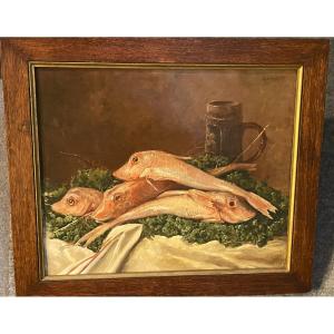 Red Mullets Oil: On Canvas By Caminade - 19th Century