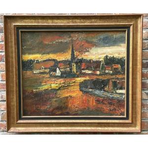 The Norman Village At Dusk, Oil On Canvas By Marcel Gobin, Lyon