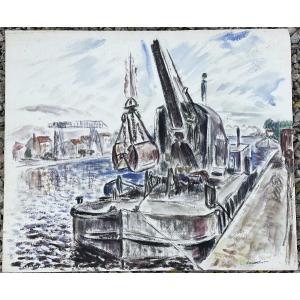 Large Watercolor: The Port Of Roanne By Louis Caradot