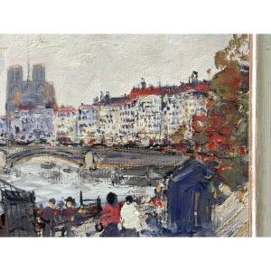 View Of Paris, Quai De Seine And Notre Dame By Simon Kramer 20th Century
