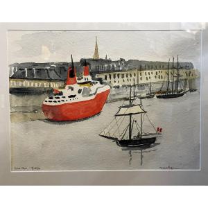 Saint Malo The Quay, Watercolor By Michel Degenne