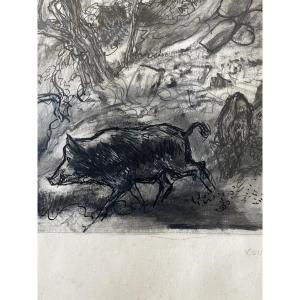 Edy Legrand Ink Drawing “wild Boar In The Luberon”  Bonnieux