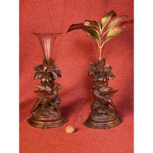 Black Forest, Pair Of Carved Walnut Vases, Pheasants, 19th Century Brienz Switzerland
