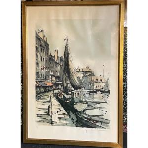 Honfleur, The Port By Jp Laurent Large Numbered Lithograph