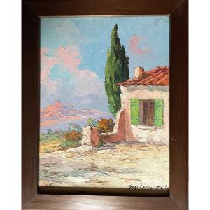 Provencal Landscape, Cypresses And Isolated Cabin Oil By Guy Le Florentin, Italy
