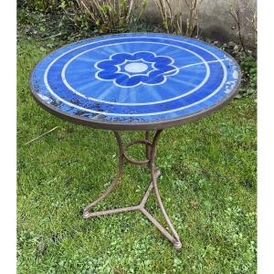 Round Pedestal Table In Wrought Iron, 19th Century, Charles X Glass Eglomisé Top