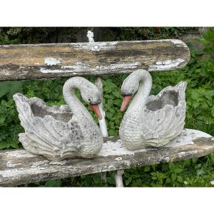 Pair Of Reconstituted Stone/cement Planter Swans – Rare With Their Heads Detached 