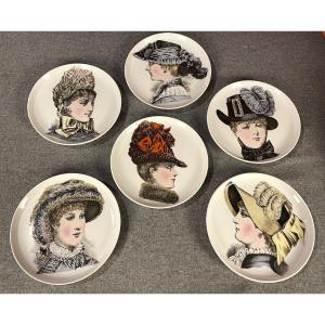 Six “women With Hats” Plates In Paris Porcelain 