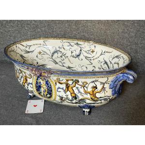 Oval Planter In Gien Earthenware With Italian Renaissance Decor, 19th Century