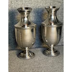 Pair Of Vases By Roux-marquiand, Lyon, Silver-plated Metal, 19th Century